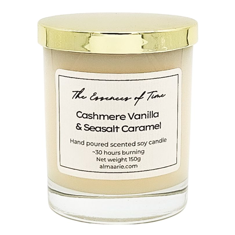 Cashmere Vanilla and Seasalt Caramel scented soya candle.