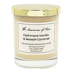 Cashmere Vanilla and Seasalt Caramel scented soya candle.